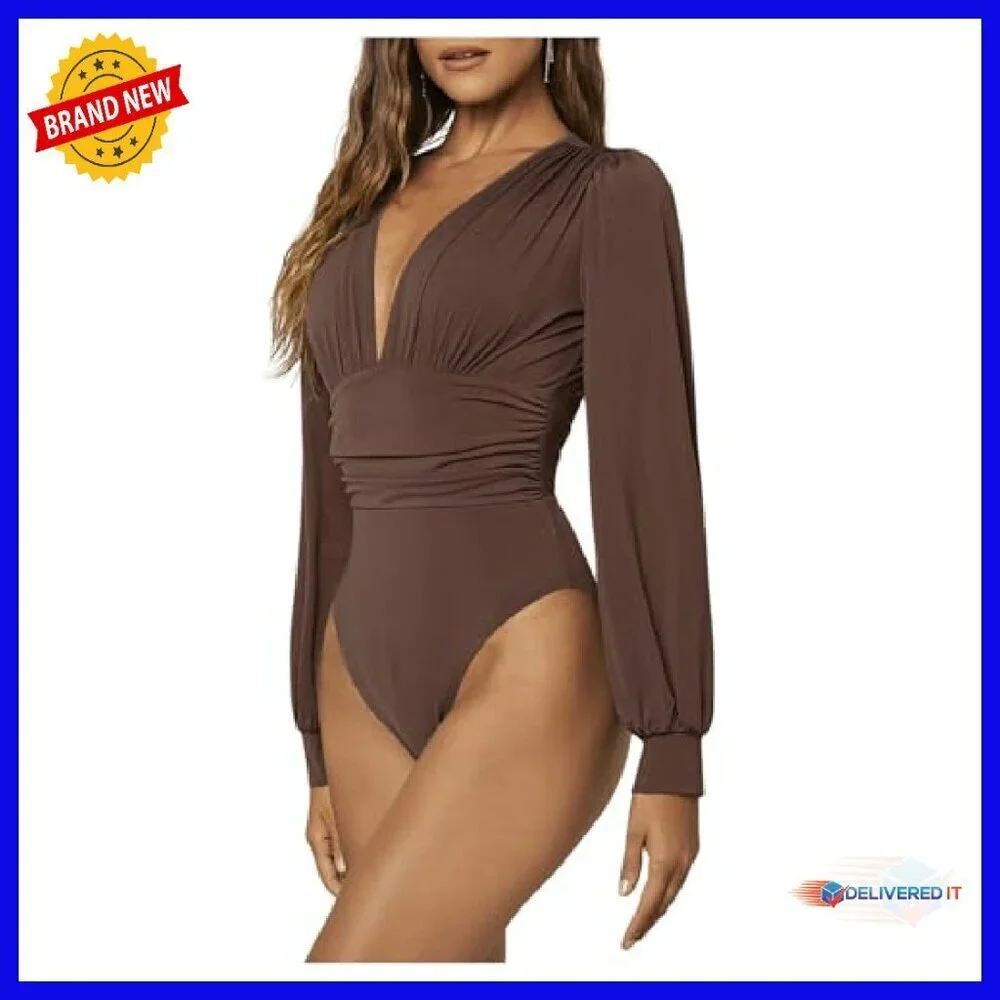 Sexy Ruched Deep V Neck Long Sleeve Bodysuit Plunging Leotard